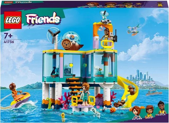 LEGO Friends zee reddingscentrum speelgoed met schuif af, zeehond en speelgoed figuren in een maritieme omgeving.