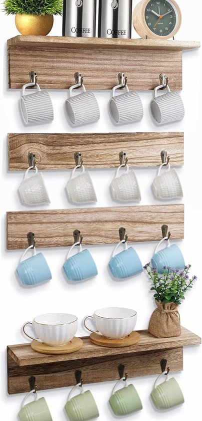 Foto: Hangend bekerrek met 16 haken voor koffiemokken set van 4 rustieke mokkenhangers mug holder