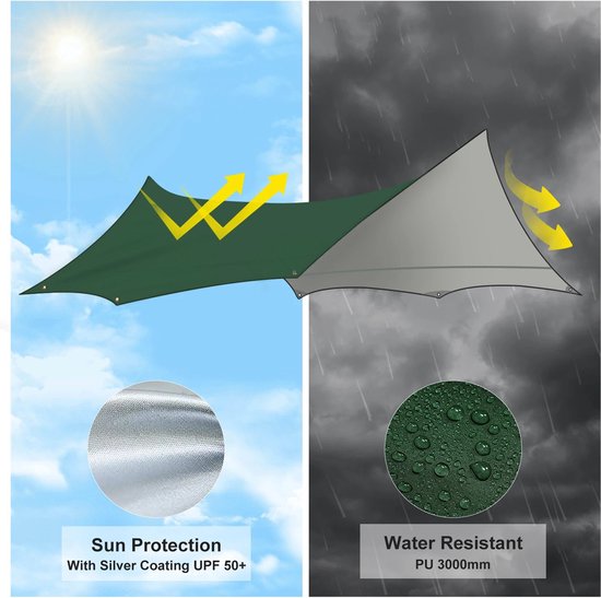 Bloominggoods® Outdoor Draagbaar Zonnescherm Met Opbergtas - Tarp - Tent - Zijl - Luifel - Waterdicht - Kamperen - 300*300cm - 3-4 Personen -Leger groen van Bloominggoods® — afbeelding 3