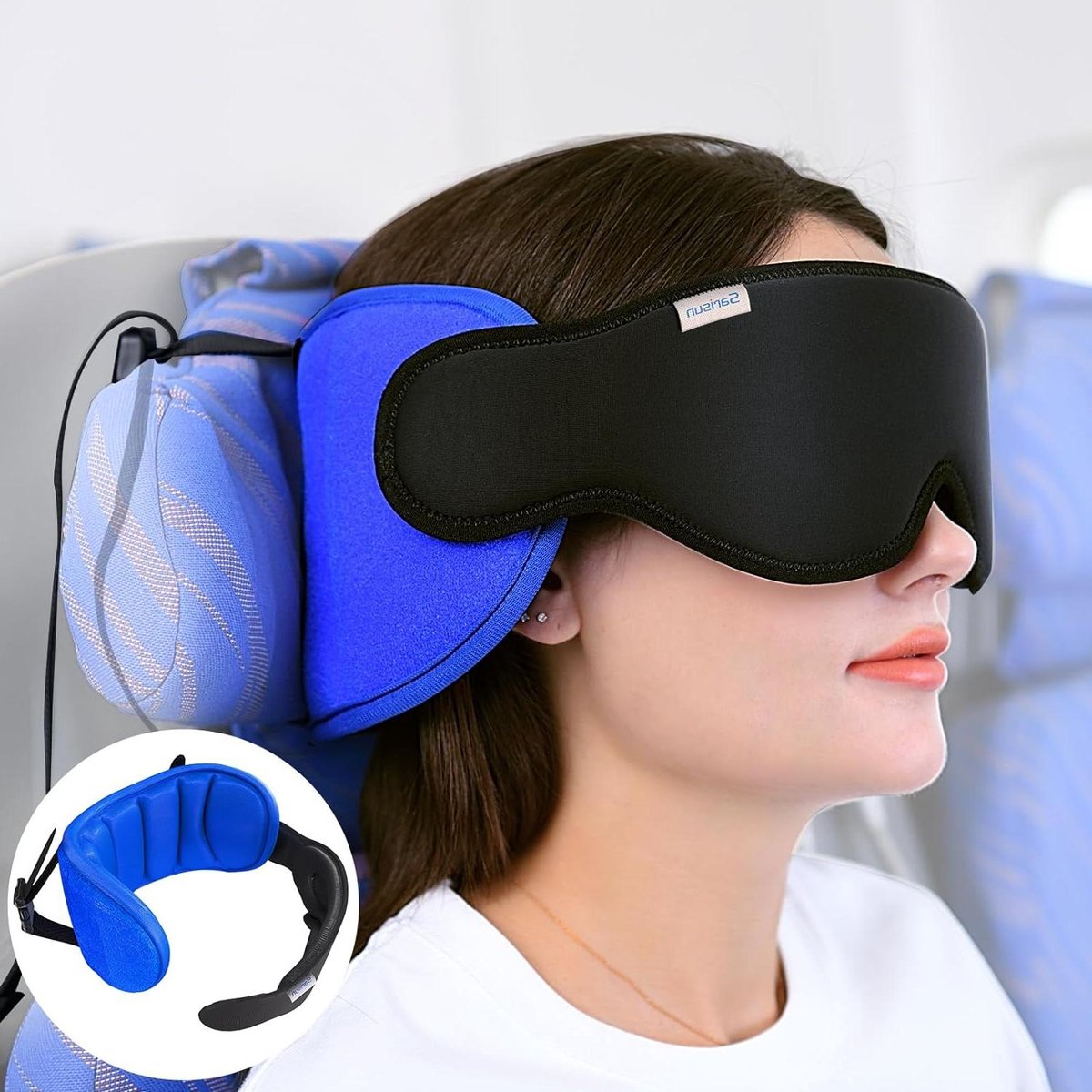 Oreiller De Voyage Voiture Avec Masque 3D - Soutien 360°, Réglable, Compact - Pour Siège Auto, Train, Avion - Noir