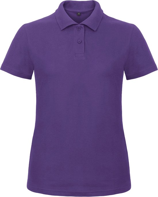 Paarse damespoloshirt met korte mouwen en knoopsluiting.