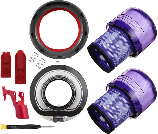 Foto: Dyson v11 en v15 reparatie en onderhoudsset filters stofbakdeksel bovenste afdichtingsring snelontgrendelknoppen aan uit knop vergrendeling