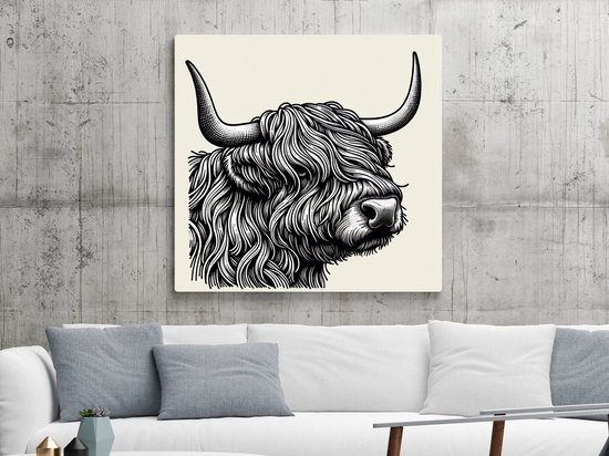 Doodle schotse hooglander schilderij | Hooglandse dromen: een illustratieve verkenning van Schotse schoonheid | Kunst - 100x100 centimeter op Canvas | Foto op Canvas