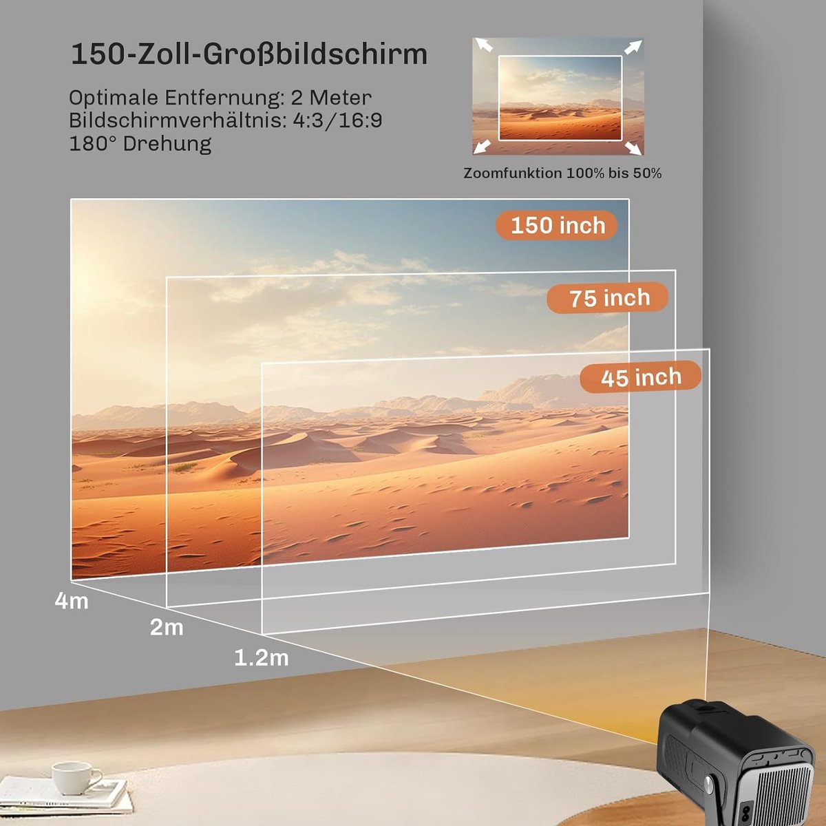 Mini-beamer, ondersteuning, 4K Full HD 1080p, beamer, bluetooth 5.0, met wifi, draagbare projector, 260 ANSI 8000 lumen, 200 inch display, projector, thuisbioscoop, compatibel met mobiele