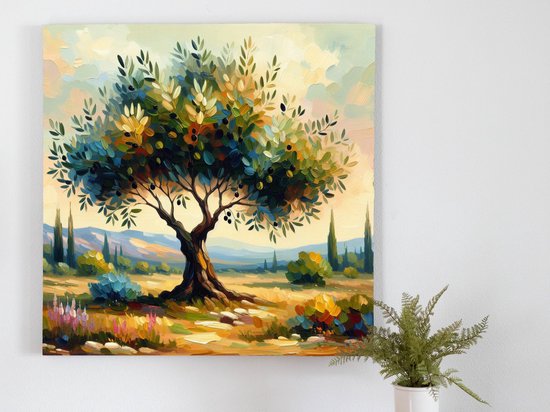 Olieverf olijfboom schilderij | Verdroomde oase: een olijfboom in alle pracht geschilderd met olieverf | Kunst - 40x40 centimeter op Canvas | Foto op Canvas