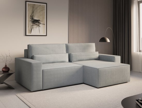 Ecksofa DENVER MINI aus Cord, Ottomane beidseitig montierbar Couch CInspireME Denver Mini Hoekbank – Slaapfunctie – 200×140 cm – Corduroy Stof – Lichtgrijs – Poso 110