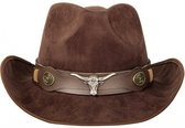 KIMU Chapeau de Cowboy Taureau Brun Foncé - Chapeau de Cowboy Western Rodeo Suedine Brown - Usa Texas Wild West Festival