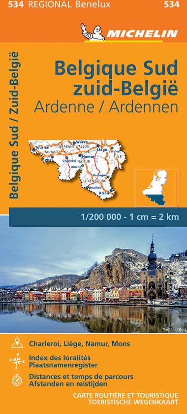 Michelin kaart 534 Zuid-België, Ardennen. Toont een kaart met steden zoals Luik, Namen, Mons. Onderliggend een foto van Dinant.