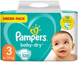Pampers Baby-Dry Maat 3, 128 Luiers, Tot 12 Uur Bescherming, 6-10kg