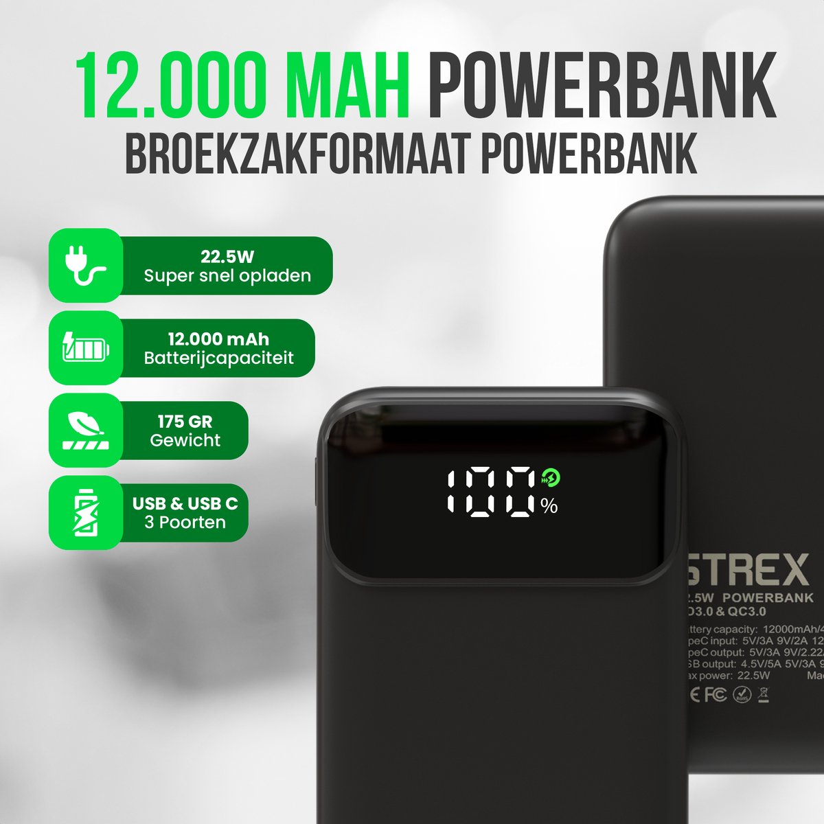 Afbeelding 2 van Strex Powerbank - 12.000 mAh - 22.5W Snellader - USB-A/USB-C - LED Indicatie - Universele Powerbank geschikt voor o.a. iOS/Android