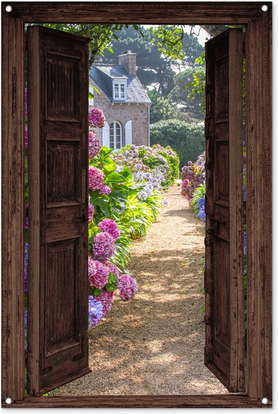 Tuinposter 80x120 cm - Tuindecoratie Hortensia - Doorkijk - Bloemen - Natuur - Poster voor in de tuin - Buiten decoratie - Schutting tuinschilderij - Tuindoek muurdecoratie - Wanddecoratie balkondoek