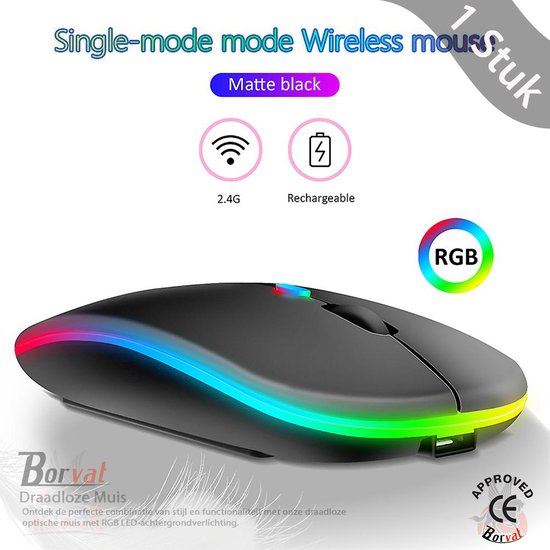 Borvat® - Oplaadbare draadloze muis Computermuis Ergonomische USB-muis Stille muis met achtergrondverlichting RGB-muizen voor laptop-pc - Zwart