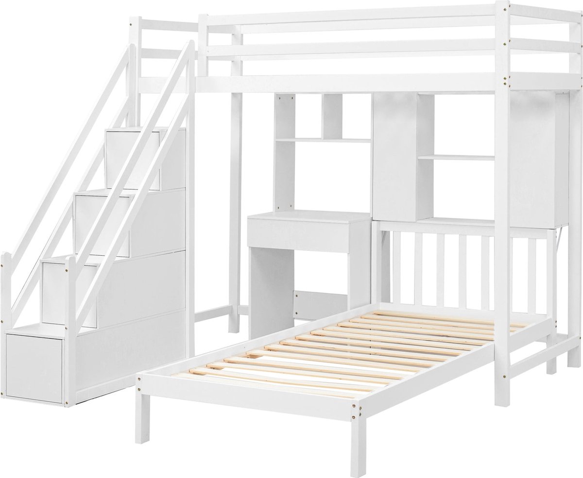 Merax Stapelbed met Bureau en Planken - Multifunctioneel Kinderbed met Opbergruimte - Bed 90x200 cm - Wit