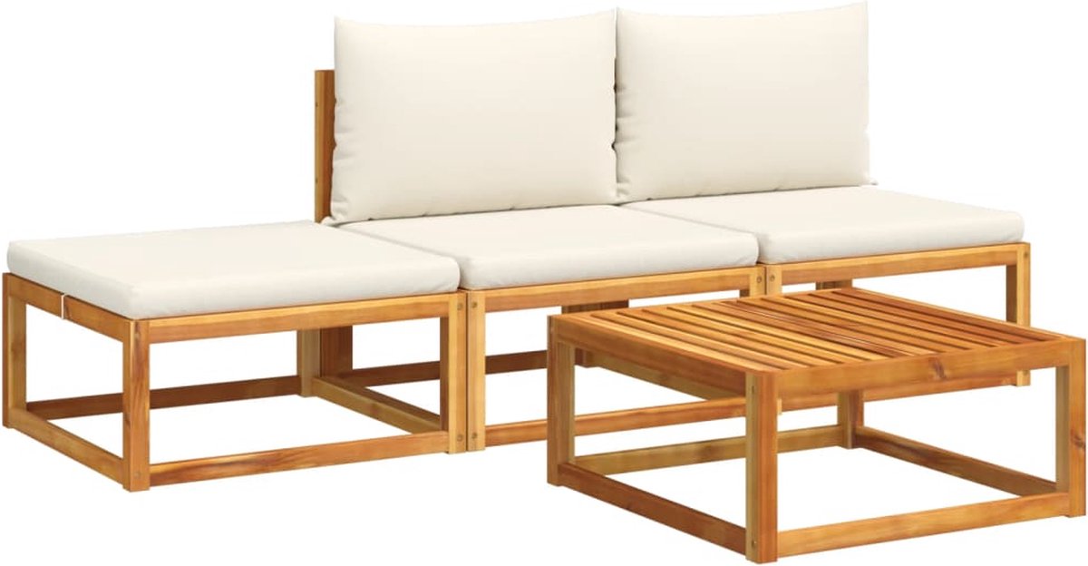 vidaXL 4-delige - tuinbankset - met - kussens - acaciahout - & - rotan Crèmewit