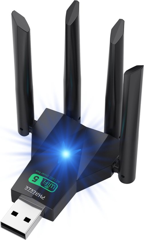 Ultra WiFi Adapter USB met externe Antennes - 1300 MB - Wi-Fi Ontvanger - Wifi Dongle - Geschikt voor 2.4 en 5 Ghz