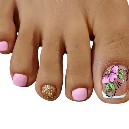 Foto: Nepnagels met lijm tenen bloemprint roze goud glitter 24 stuks gekleurd plaknagels nep nagels plaknagel set teennagels press on nails french manicure nail art nagellijm kunstnagels