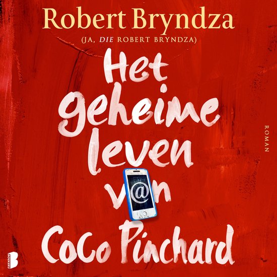 Couverture du livre 'Het geheime leven van Coco Pinchard' sur fond rouge avec texte blanc. Un téléphone bleu avec un symbole '@'.