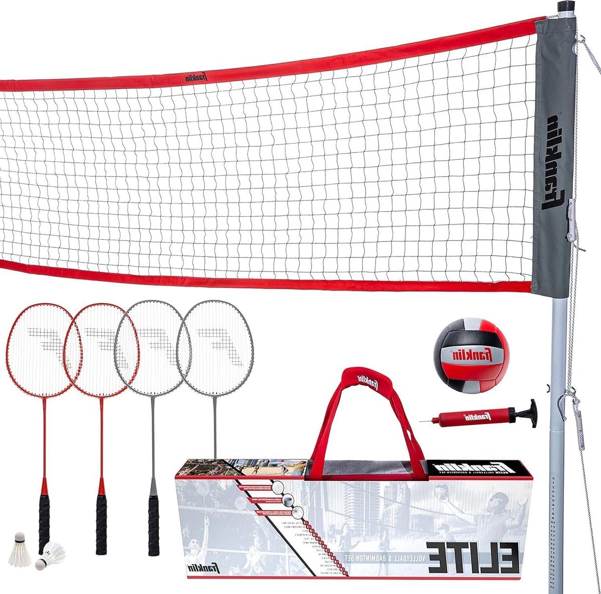 Achtertuin en strand outdoor Volleybal en badminton combosets - draagbaar Volleybal en badmintonnet met stokken - inclusief volleybalrackets en vogies Badmintonnet
