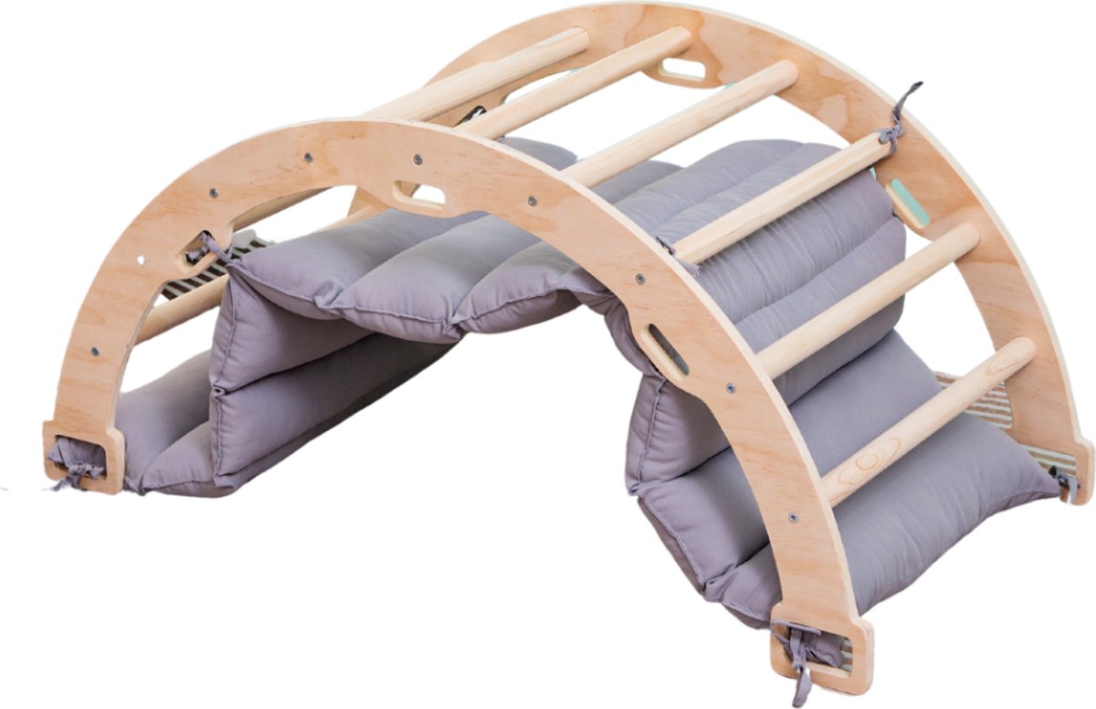 Buxibo Houten Klimbrug/Klimboog Inclusief Kussen - Montessori Klimrek - Naturel Hout - Kinderspeelgoed - 97x47x52cm — afbeelding 12
