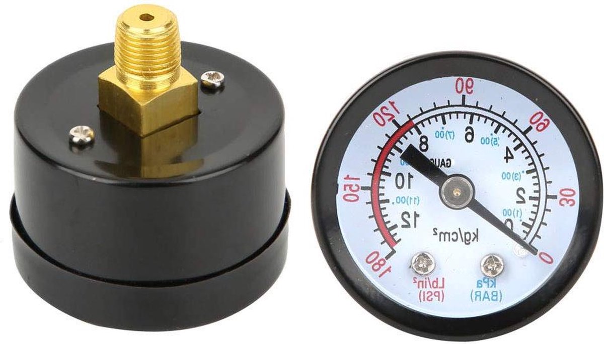 Luchtdrukmeter voor compressor - 0-180 psi/0-12 bar - luchtdrukregelaar voor schroefcompressoren, zuigercompressoren Luchtmeter