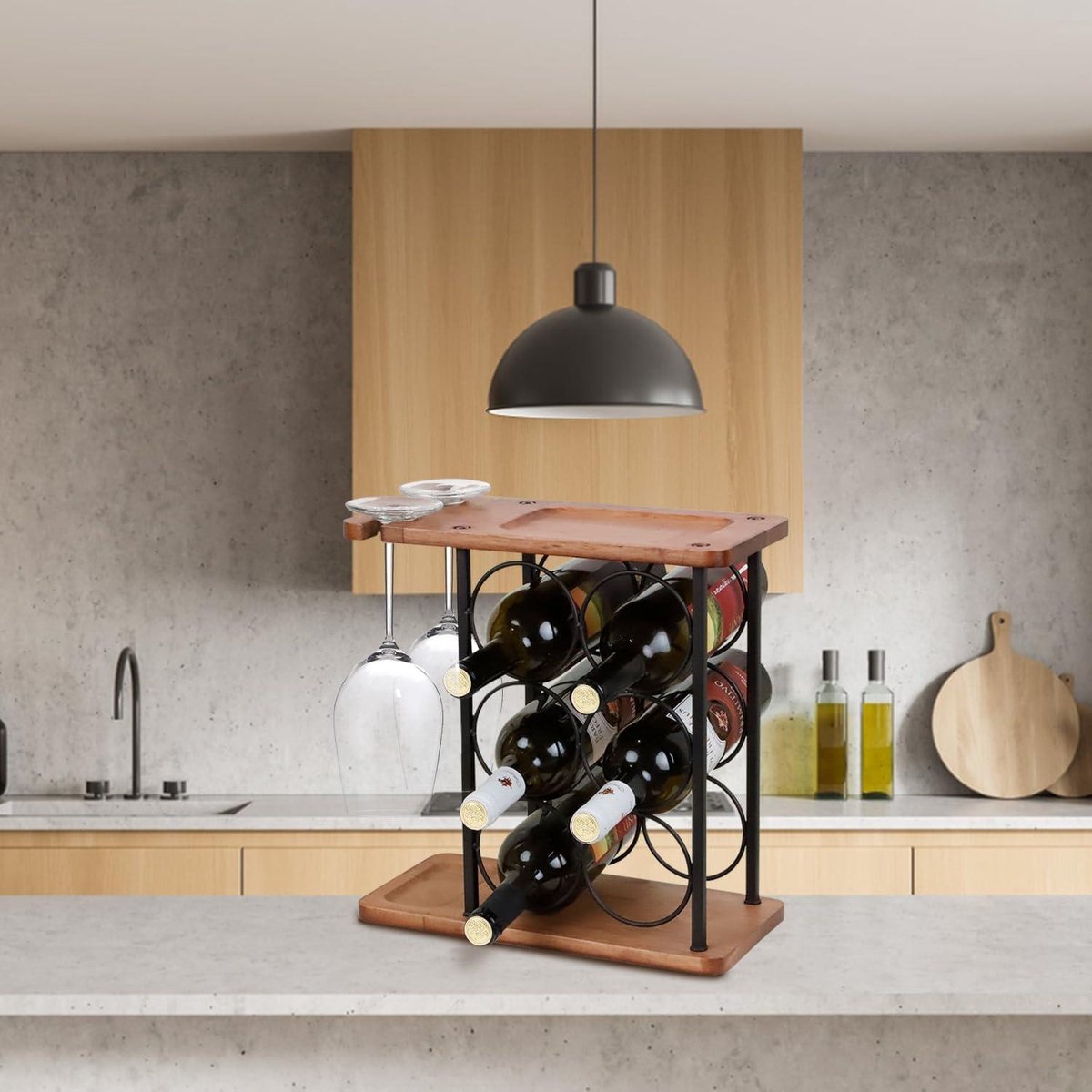 ManGotree Wijnrek met glazen houder - houten aanrecht wijnhouder - dienblad - vrijstaand wijnglazen rek - huisdecoratie - keukenopslag - 6 flessen - 2 glazen — cadeau in Wonen & Interieur - foto 3