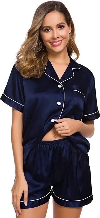 Pyjama en satin pour femme avec poche poitrine I Vêtements de nuit Sous-vêtements sexy I Haut et Shorts 2 pièces I Haut et pantalon I Blauw I Taille L