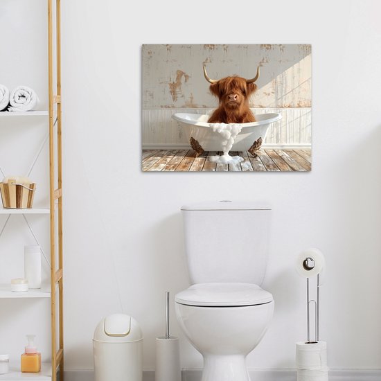 Peinture sur toile 80x60 cm - Décoration murale salle de bain Highlander écossais - Baignoire - Vintage - Vache - Décoration murale murale WC - Accessoires décoratifs - Décoration murale Toilettes - Peintures sur toile