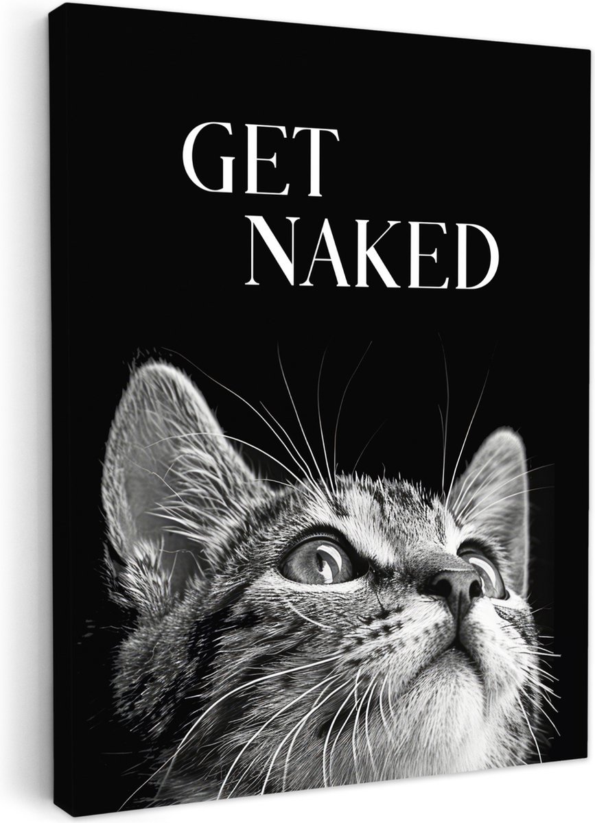 Canvas schilderij 30x40 cm - Wanddecoratie badkamer Kat - Dieren - quote - Get naked - Zwa