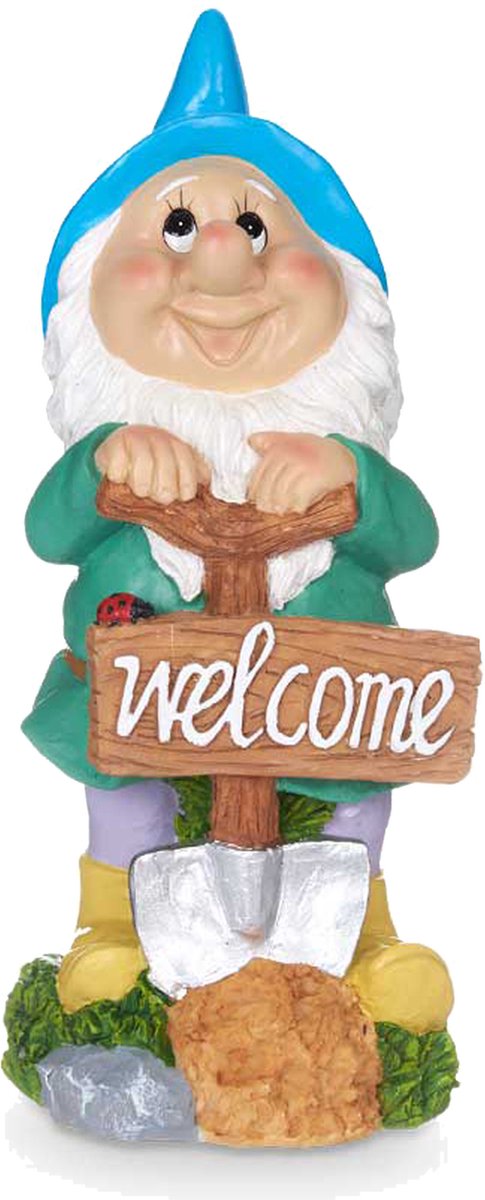 Giftdecor Tuinkabouter beeldje met Welcome bord - Polyresin - muts blauw - 27 cm - decoratie dwerg