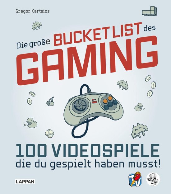 Couverture du livre 'Die große Bucket List des GAMING', avec une manette de jeu, des cerises, un champignon et des personnages de PAC-MAN. Texte : 'Die große BUCKET LIST des GAMING 100 VIDEOSPIELE die du gespielt haben musst!'