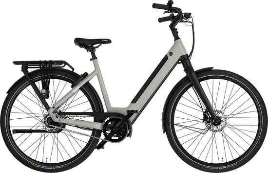 Foto: Rucanor urban elektrische fiets e bike 28 inch 53 cm achterwielmotor trapkrachtsensor hydraulische schijfremmen grijsbruin