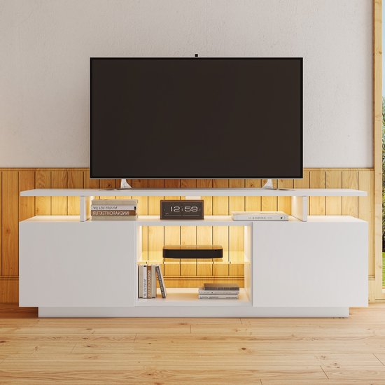 Foto: Sweiko moderne witte tv kast met 16 kleuren led verlichting 140cm lang stijlvolle opbergkast voor 60 inch tv hoogglanzende deurbladen met glazen compartimenten