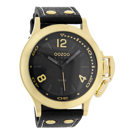 OOZOO Timepieces - Goudkleurige horloge met zwarte leren band - OS330