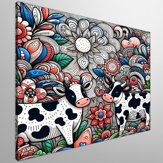 Doodle koeien schilderij | Koeien kunstige krabbels: een betoverend speels boerderijgezicht op doek | Kunst - 40x40 centimeter op Canvas | Foto op Canvas