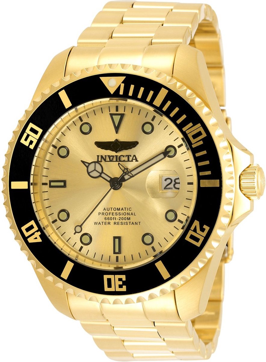 Invicta Pro Diver 35723 Heren Horloge - Waterdicht - Analoog - Automatisch Uurwerk - Roestvrij Staal met gouden Wijzerplaat - 47mm