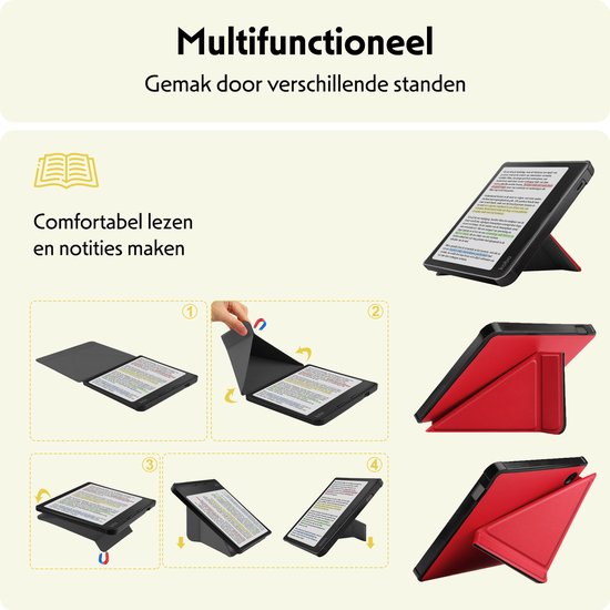 Hoesje Geschikt voor Kobo Libra Colour Hoes Bescherm Hoesje Case Sleep Cover Trifold Met Screenprotector - Hoes Geschikt voor Kobo Libra Colour Hoesje - Rood van Hoesje  — afbeelding 4