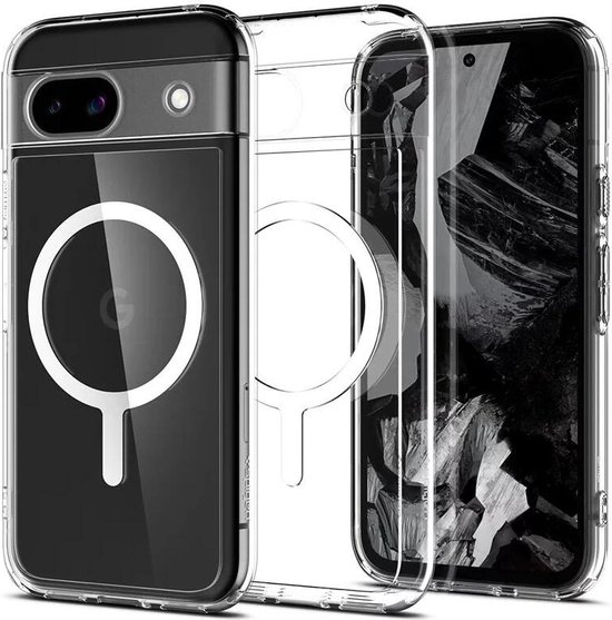 Spigen Ultra Hybrid OneTap Métal Ring MagFit - Coque Adaptée pour Google Pixel 8a - Compatible avec MagSafe - Back Cover Wit Transparent