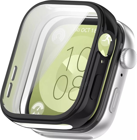 Zwart TPU hoesje met scherm, gemonteerd op een zilveren Huawei Watch Fit 3.