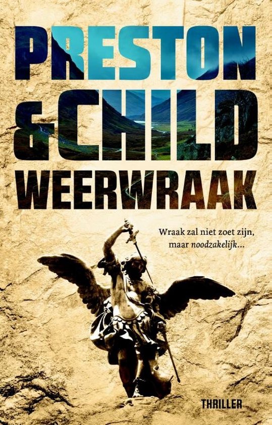 Boekcover met de titel 'Weerwraak'. Een gevleugelde engel met zwaard staat centraal. Achtergrond van steen.