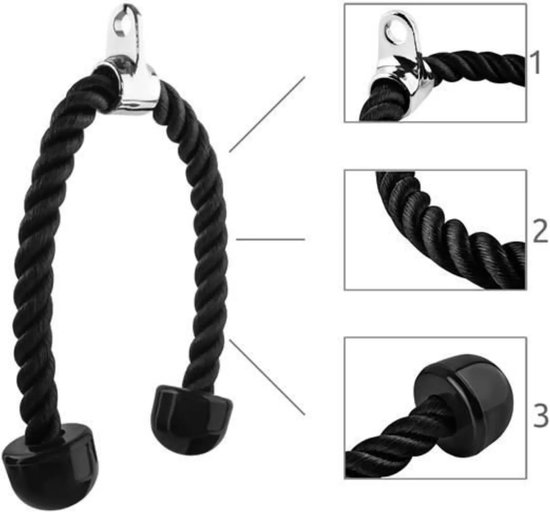 Zwarte tricep rope met chromen oog en rubberen uiteinden. Close-up van de details.