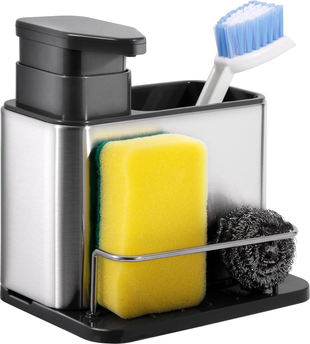 Spoelbakorganizer met afwasmiddeldispenser, roestvrij staal, zeepdispenser, caddy organizer, keukenspoelorganizer met druppelbak, geschikt voor keukenspoelbak, borstels, lappen, sponzen