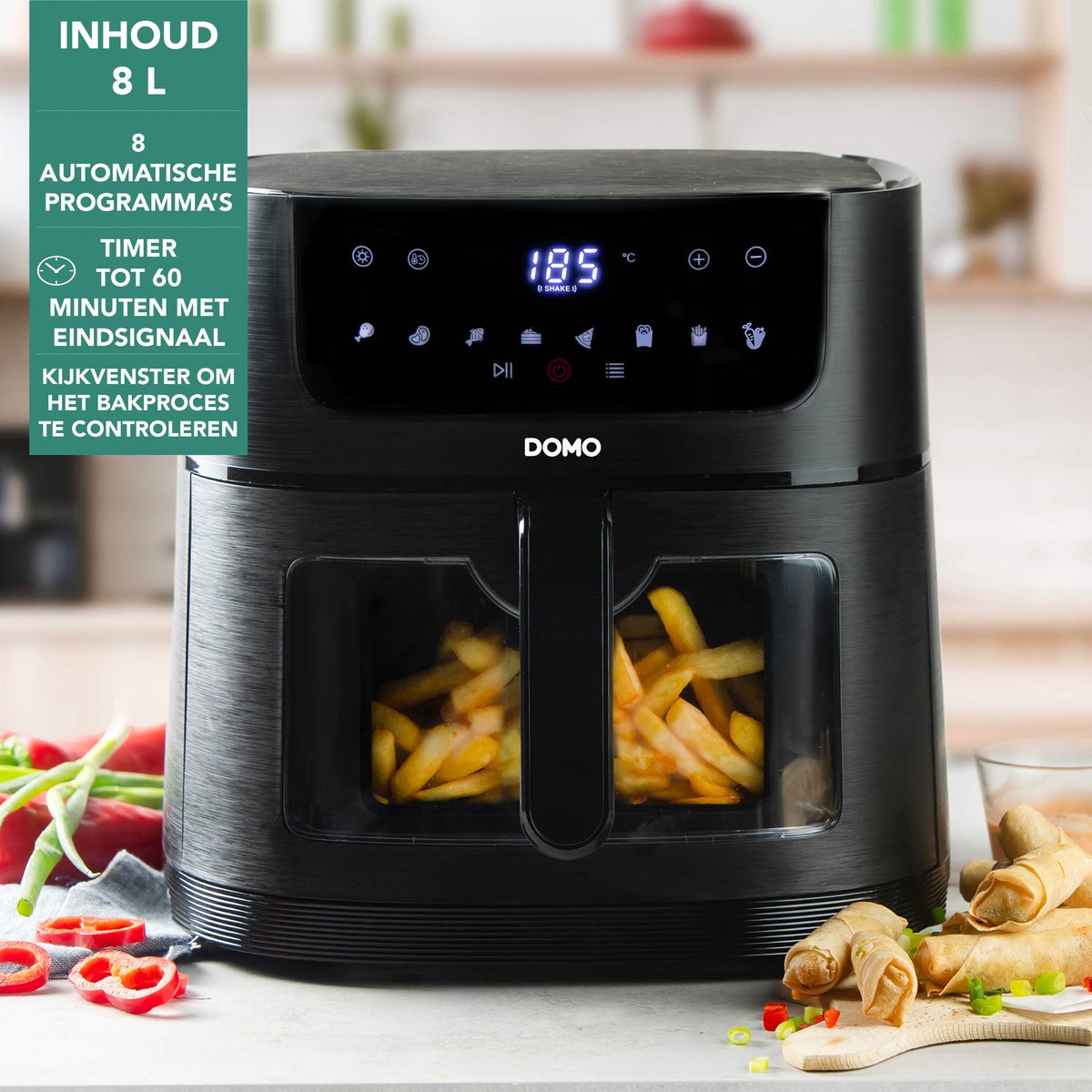 Afbeelding 2 van DOMO DO543FR Airfryer XXL - 8L - Heteluchtfriteuse met Kijkvenster - PFAS-vrij - Zwart