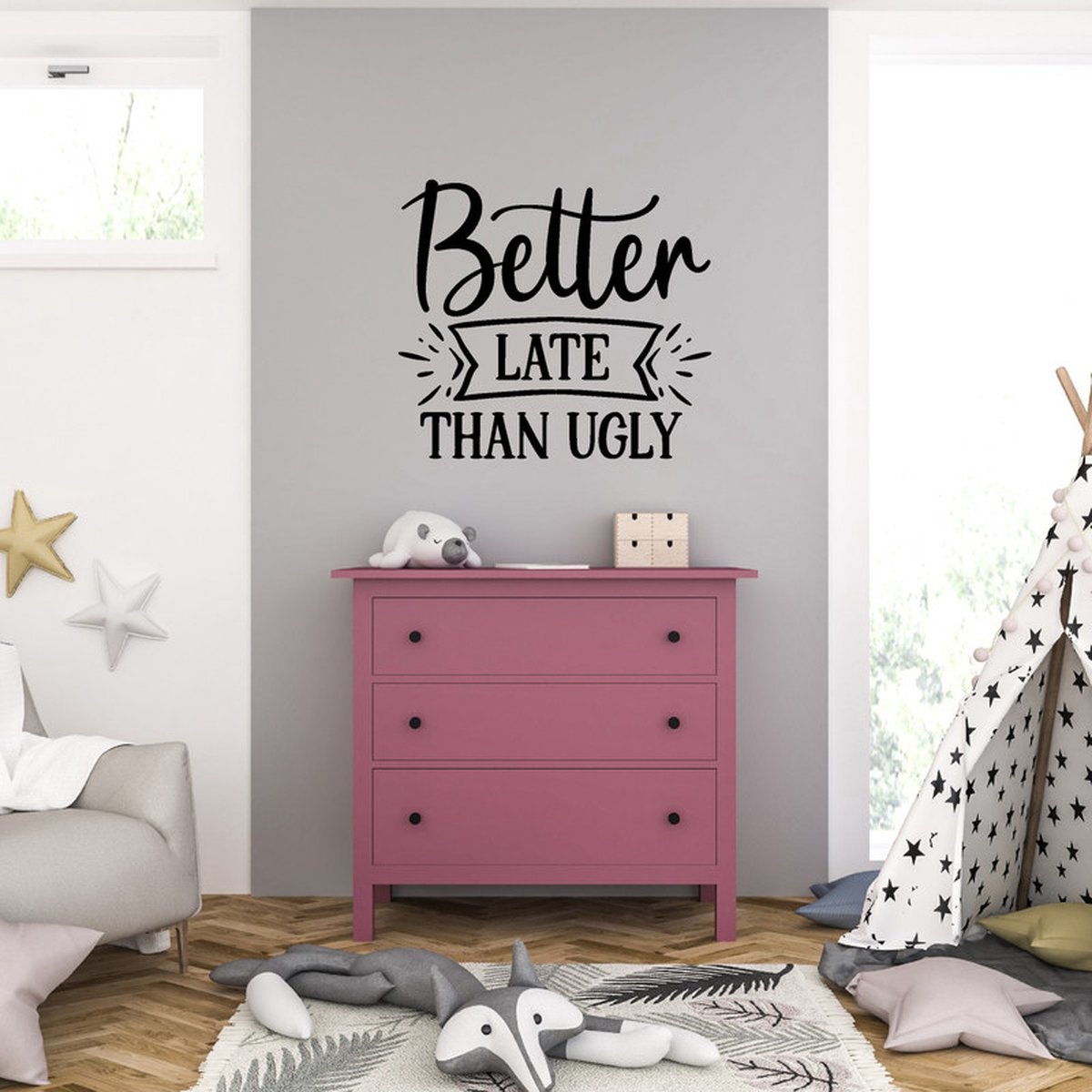 MC Living Muursticker - Better Late Than Ugly - 40,6 x 45,5 - Zwart