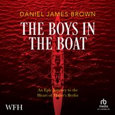 Boekcover van 'The Boys in the Boat' met een roeiboot met vijf mannen erop. De titel staat in grote witte letters op een rode achtergrond van water.