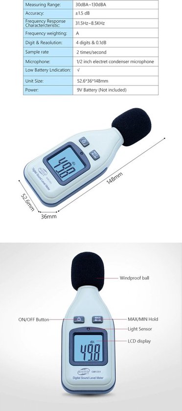 Benetech GM1351 decibelmeter - geluidsmeter - A weging - Tot ±1,5 dB nauwkeurig - Min & Max functie - Fast & Slow