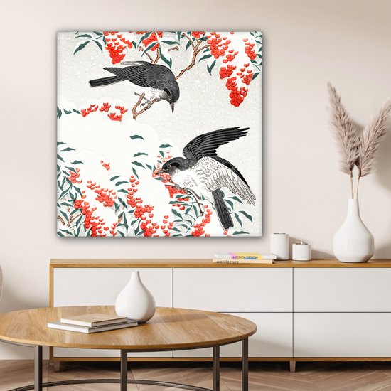 Toile Peinture Vogels - Baie - Rouge - Vintage - Japon - 90x90 cm - Décoration murale