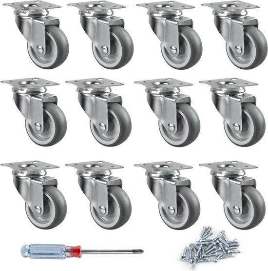 AHWU 75 mm set van 4 zwenkwielen, M10*30 mm, M12*30 mm schroefdraadstam zwenkwielen, stille rubberen wielen, zware meubelwielen, 3 combinaties, 4 geremd, 4 draaibaar, 2 geremd/2 draaibaar