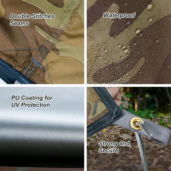 Tentzeil, waterdicht, 3 x 3 m, tent tarp shelter, tarp voor hangmat, regenbescherming, zonwering, ultralichte uv-bescherming, zonnezeil, tent met oogjes, haringen, touwen, voor picknick, reizen