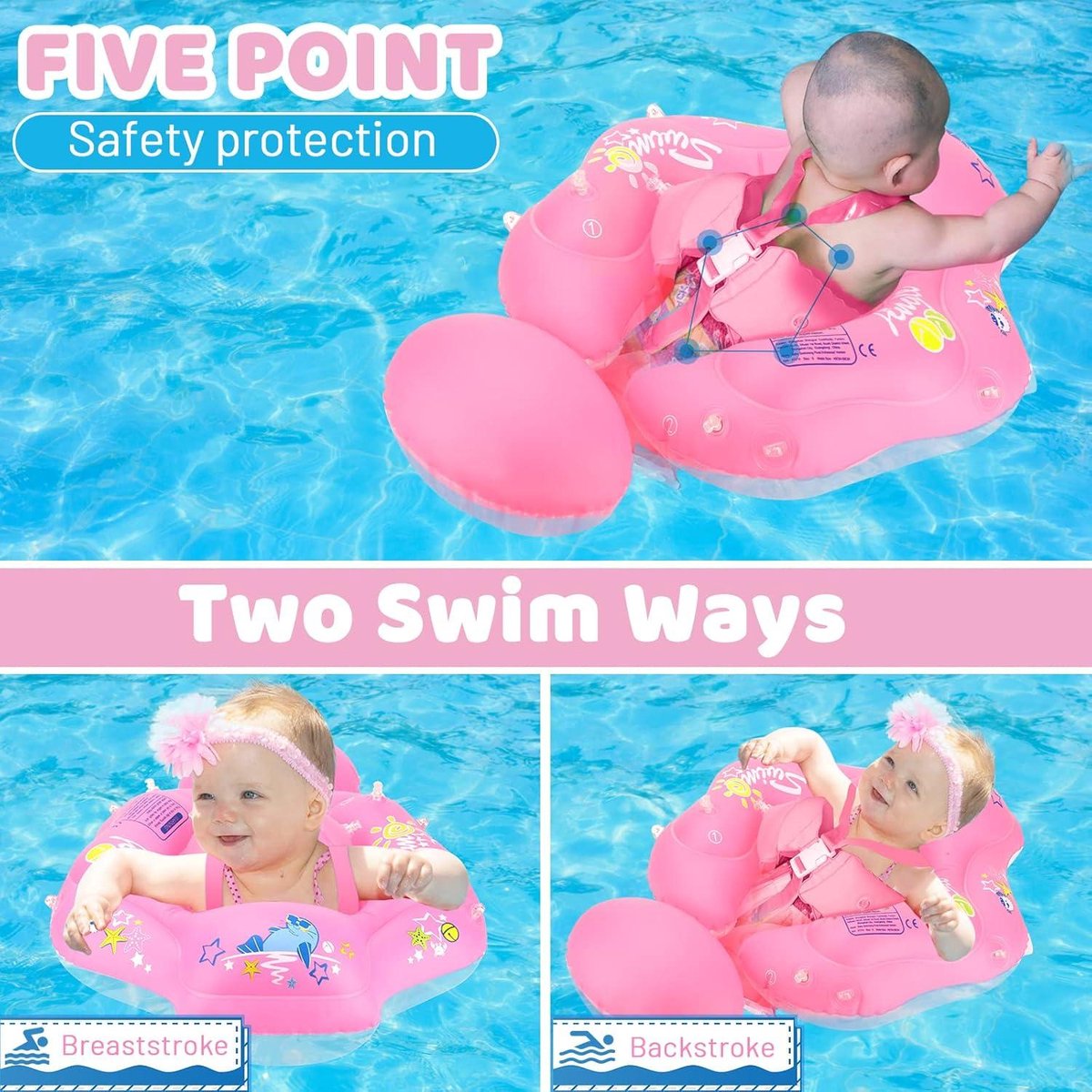 Swimbobo Toddler Swimming Pool Float Inflatable Car Baby Swimming Float with Adjustable Sun Hood and Safety Seat Pool Toy for Kids (Pink Airplane