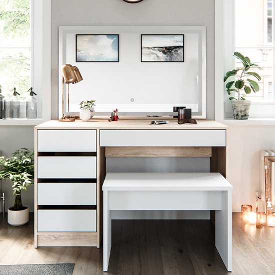 Meuble Salle Bain Avec Miroir Coiffeuse Vicco Azur 120 Cm Blanche - Table De Maquillage Avec éclairage LED Et Tabouret Inclus Meuble Salle De Bain Blanc